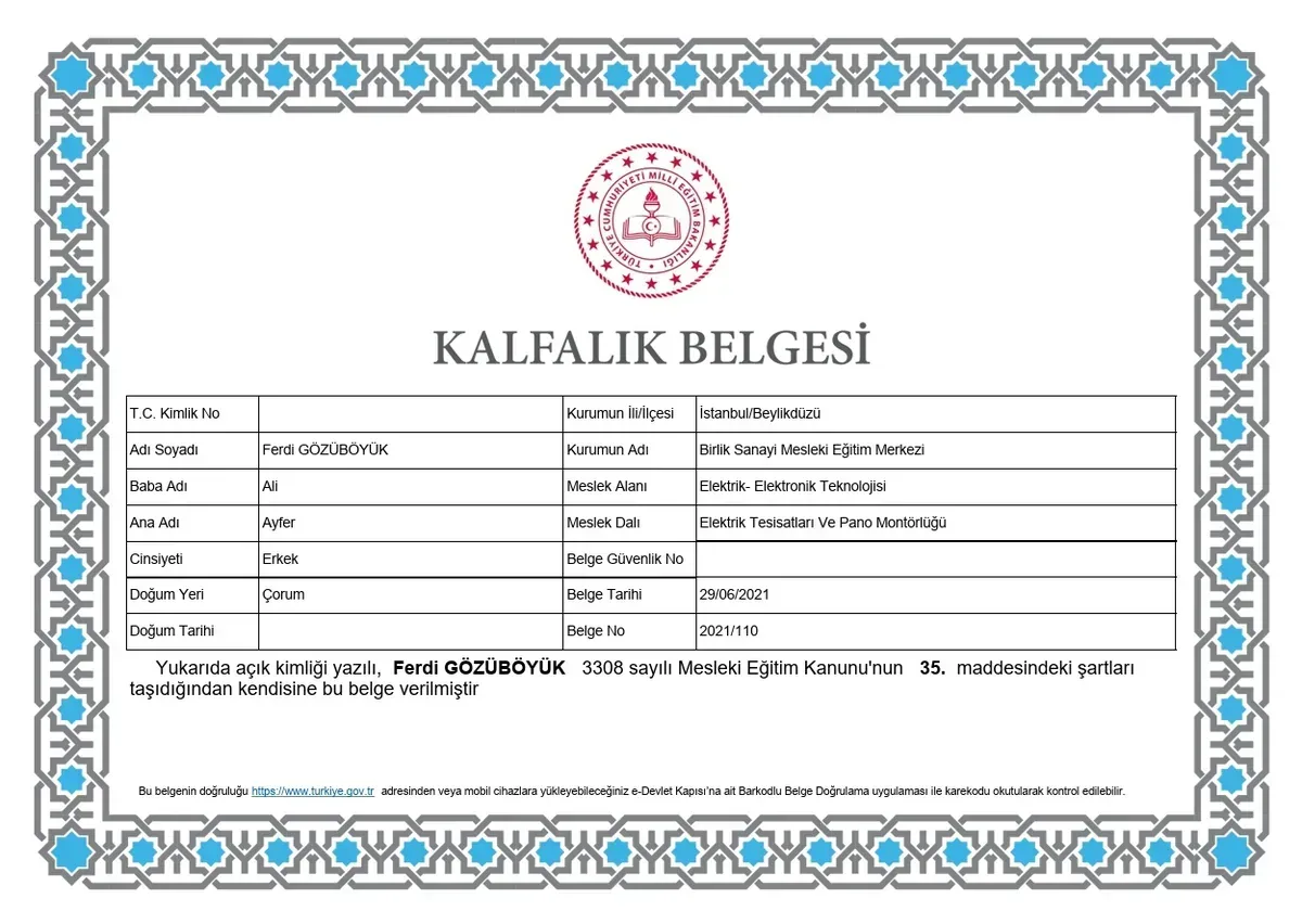 Canlar Elektrik kalfalık belgesi