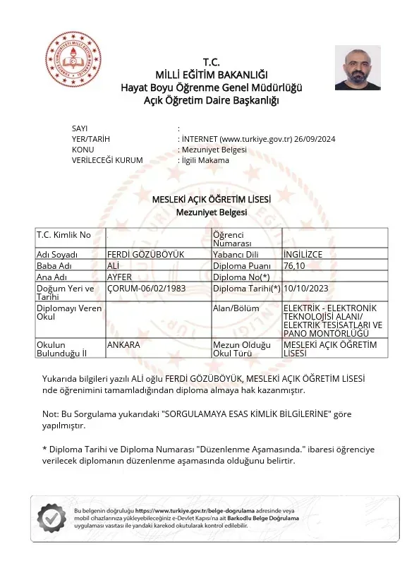 Canlar Elektrik mezuniyet belgesi