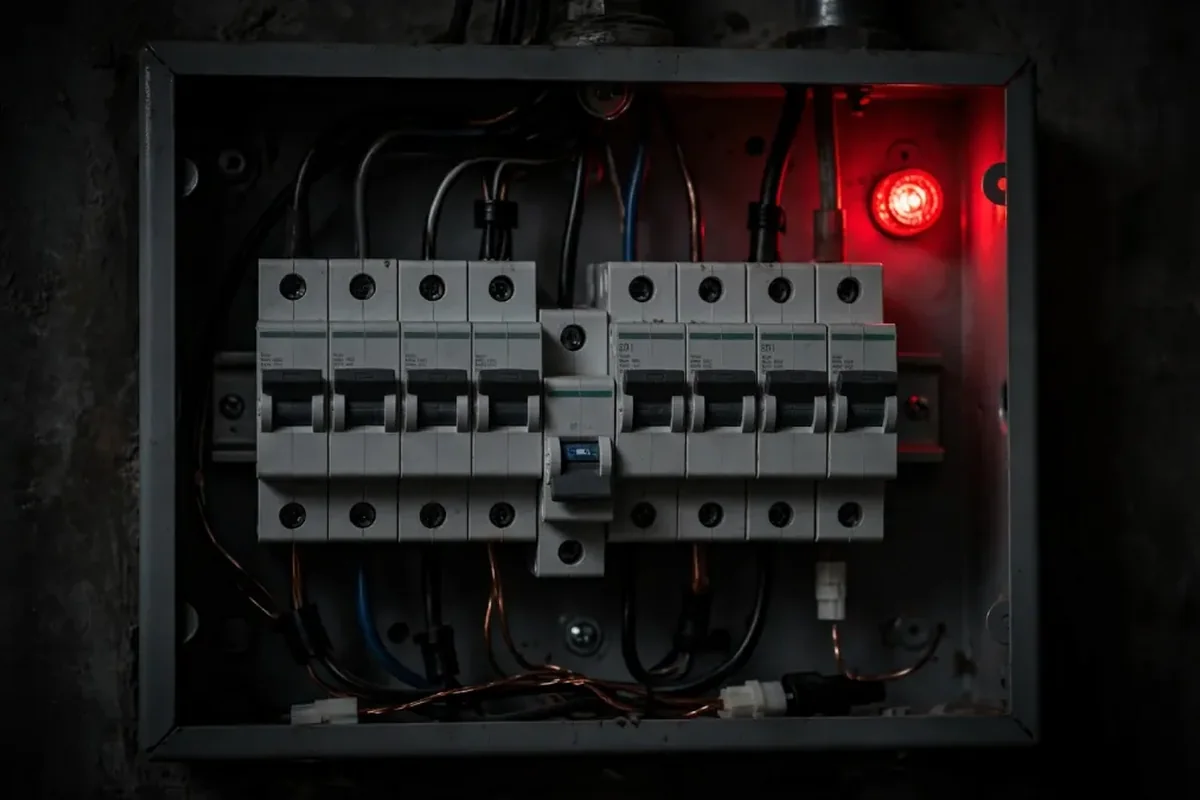 Karanlık ortamda uyarı ışığı bulunan elektrik panosu
