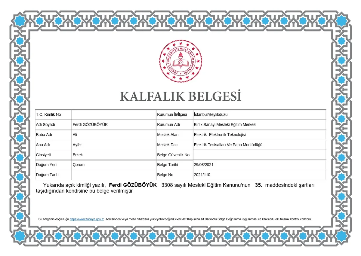 Canlar Elektrik kalfalık belgesi