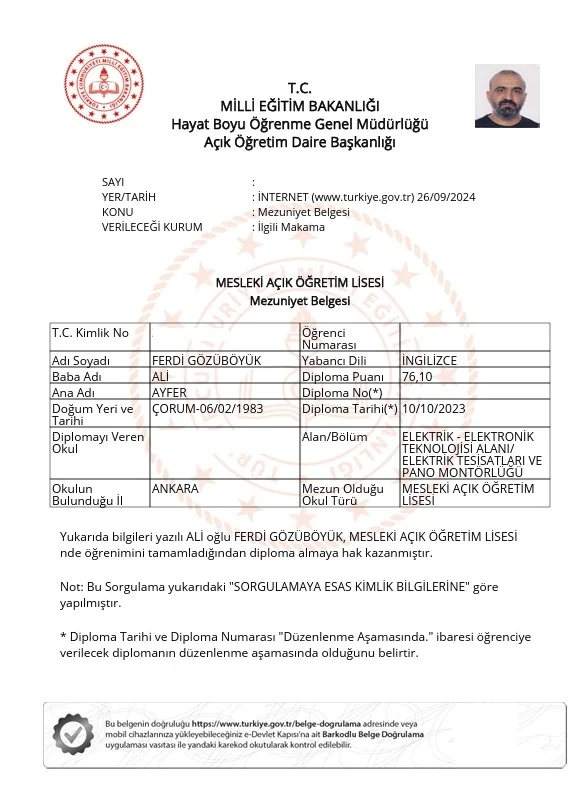 Canlar Elektrik mezuniyet belgesi